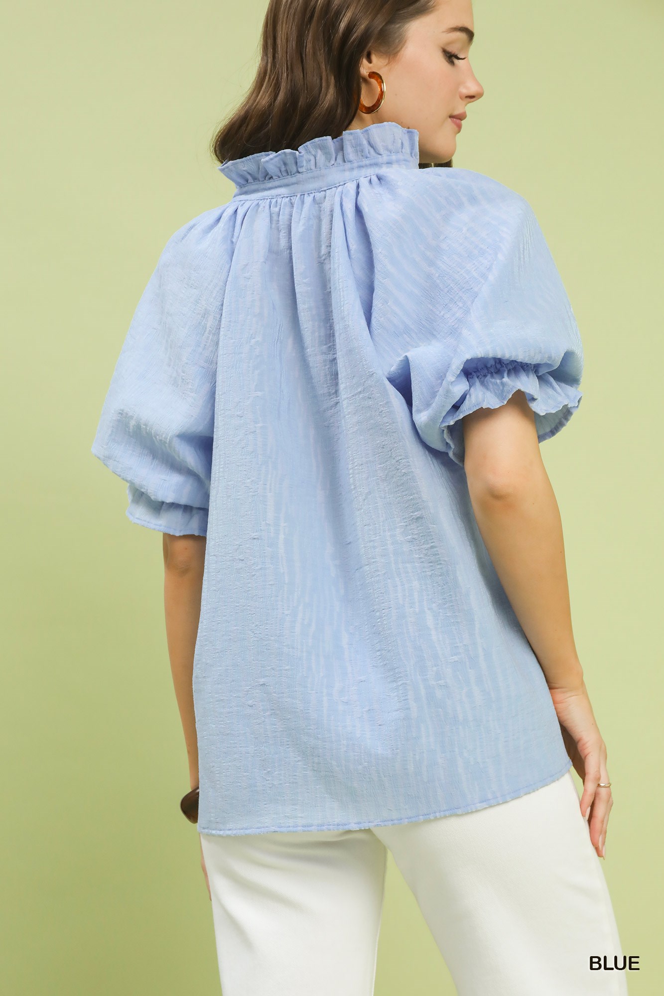 Textured Puff Sleeve Split Neck Top, image 3