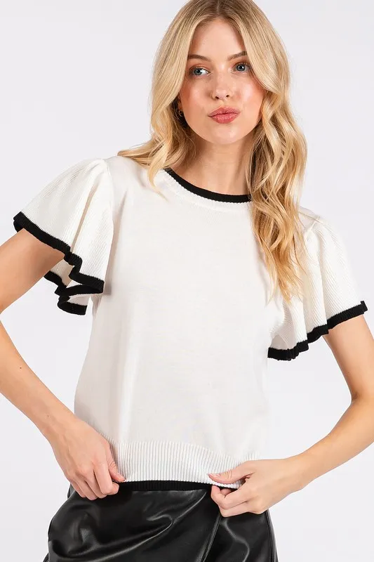 Contrast Trim Ruffled Cap Sleeve Knit Top