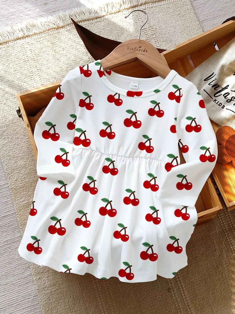 Children's Cherry Print Long Sleeve Casual Dress
