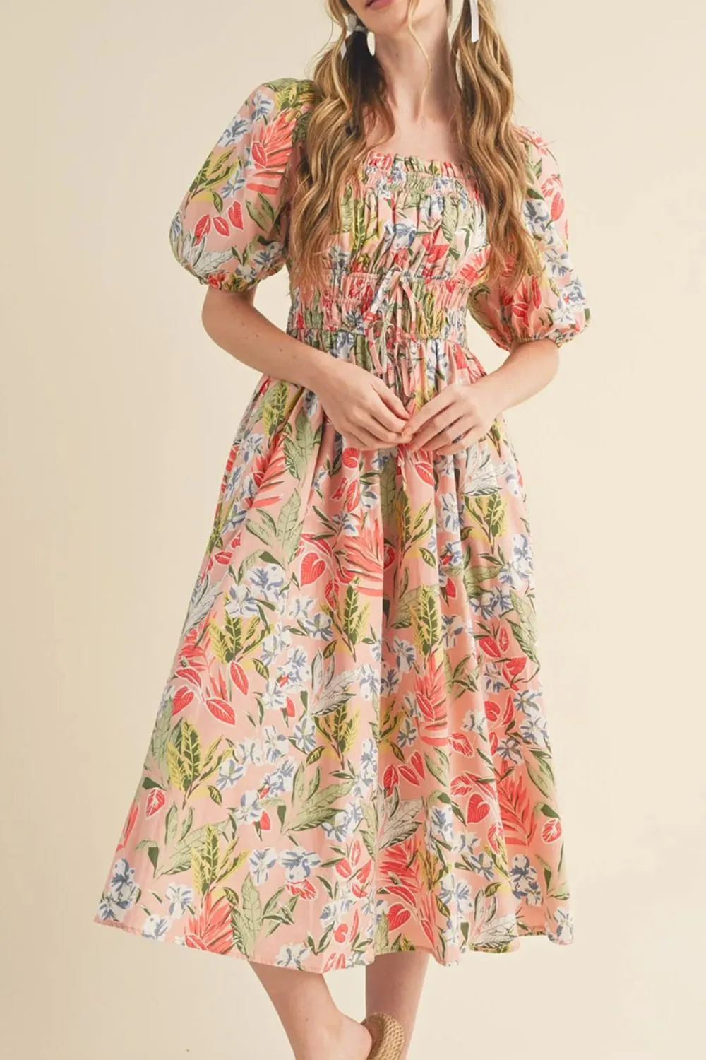 Floral Smocked Square Neck Puff Short Sleeve Midi Dress, image 6