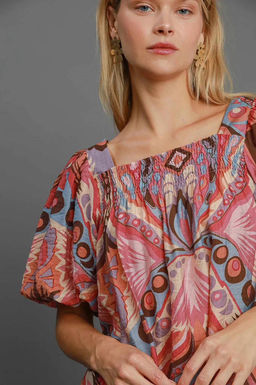 Full Size Abstract Print Smocked Square Neck Puff Sleeve Blouse, image 5