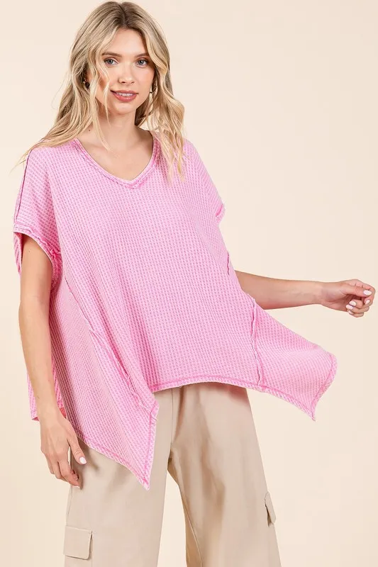 Mineral Wash Waffle Knit Pointed Hem Oversized Top, image 3