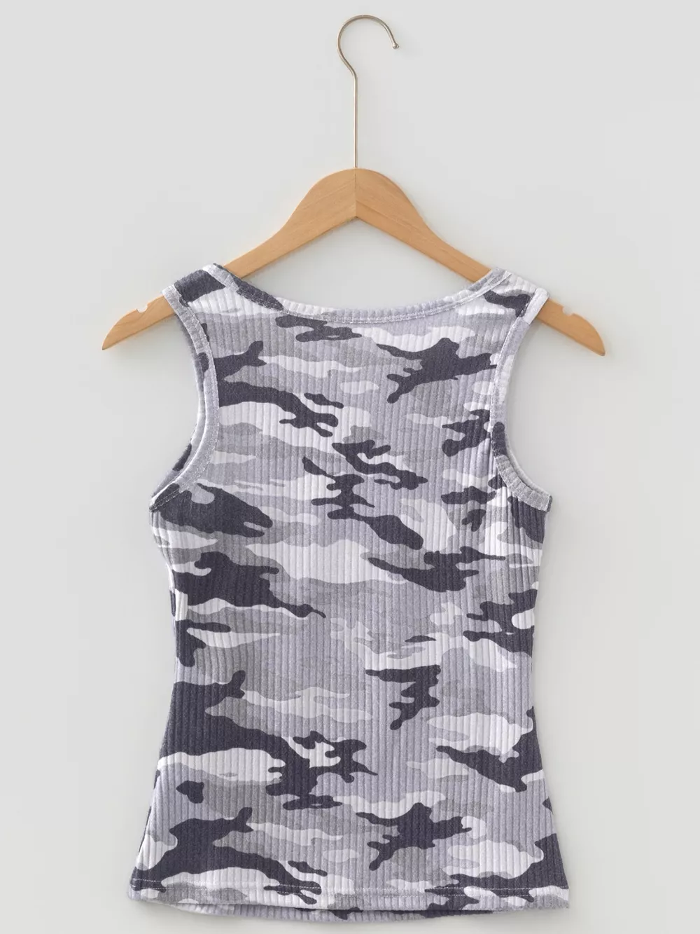 Camouflage Print Ribbed Knit Round Neck Tank Top, image 3