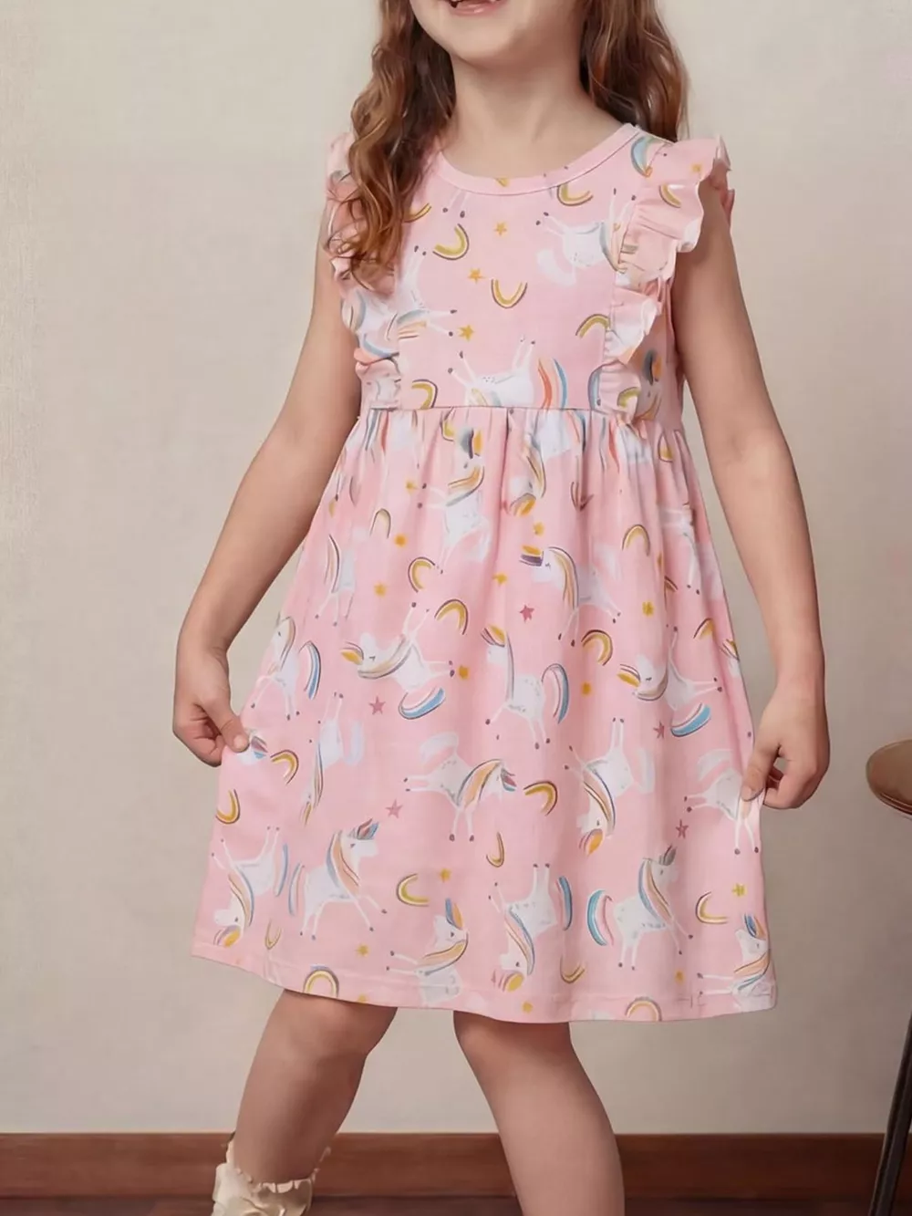 Children's Unicorn Print Ruffle Sleeve Casual Dress