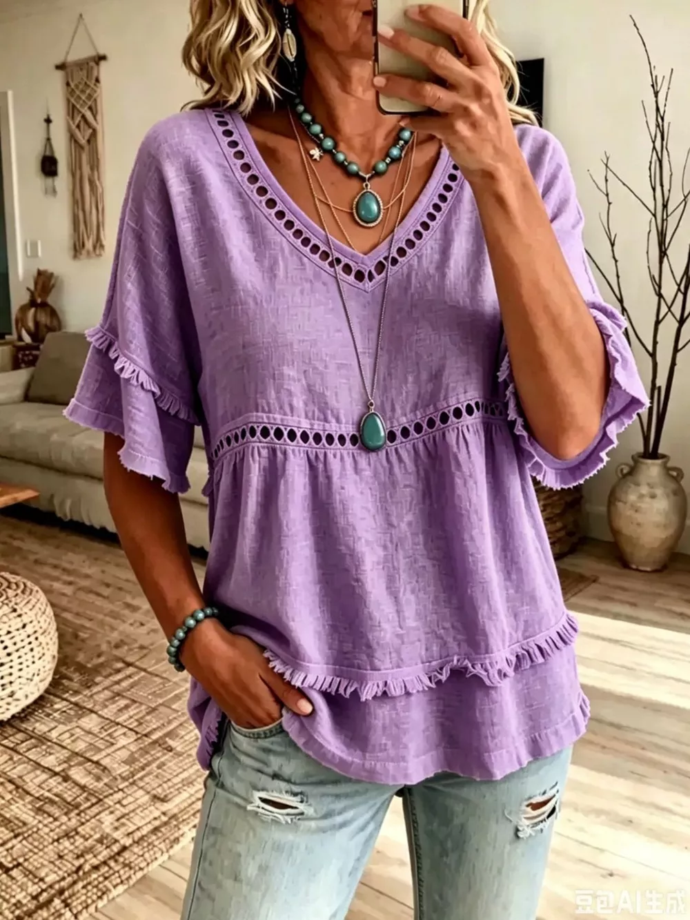 Eyelet V-Neck Frayed Edge T-Shirt, image 13