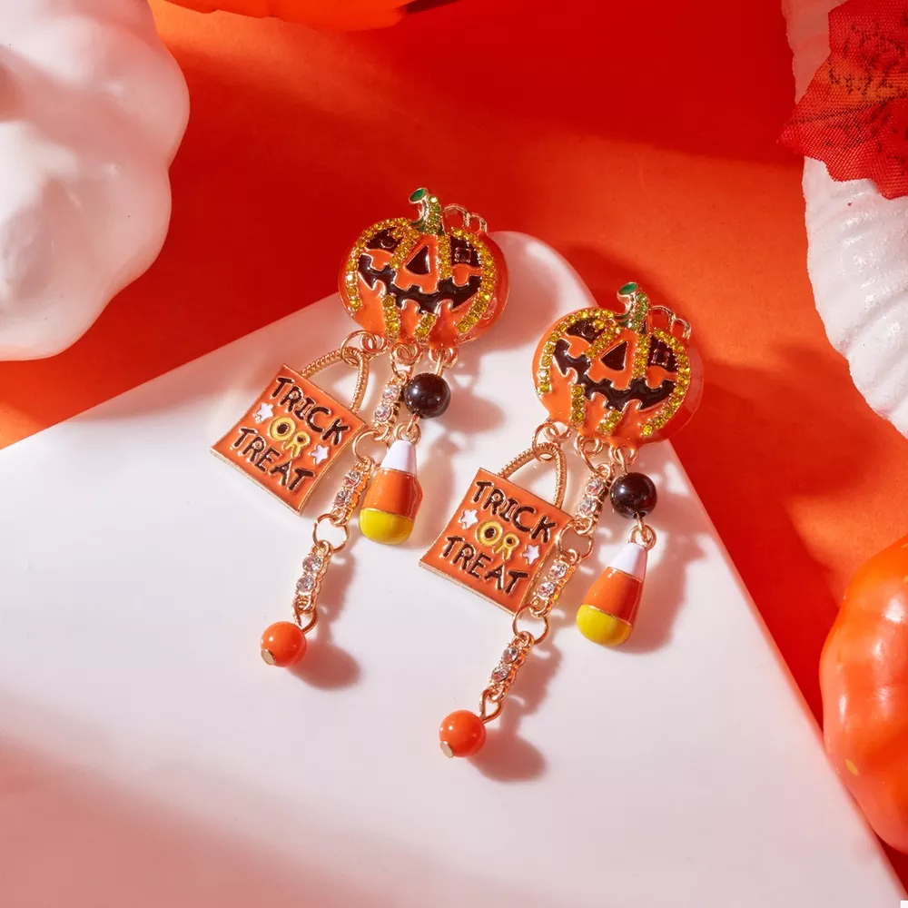 Halloween Rhinestone Pumpkin Drop Earrings, image 4