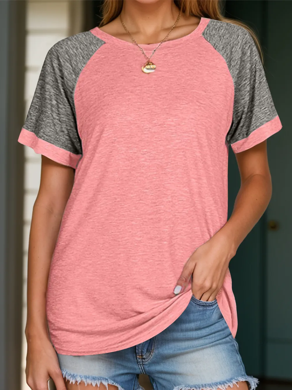 Full Size Contrast Round Neck Short Sleeve T-Shirt, image 7