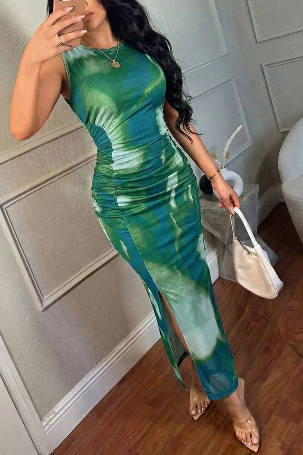 Sleeveless Ruched Tie-Dye Maxi Dress, image 3
