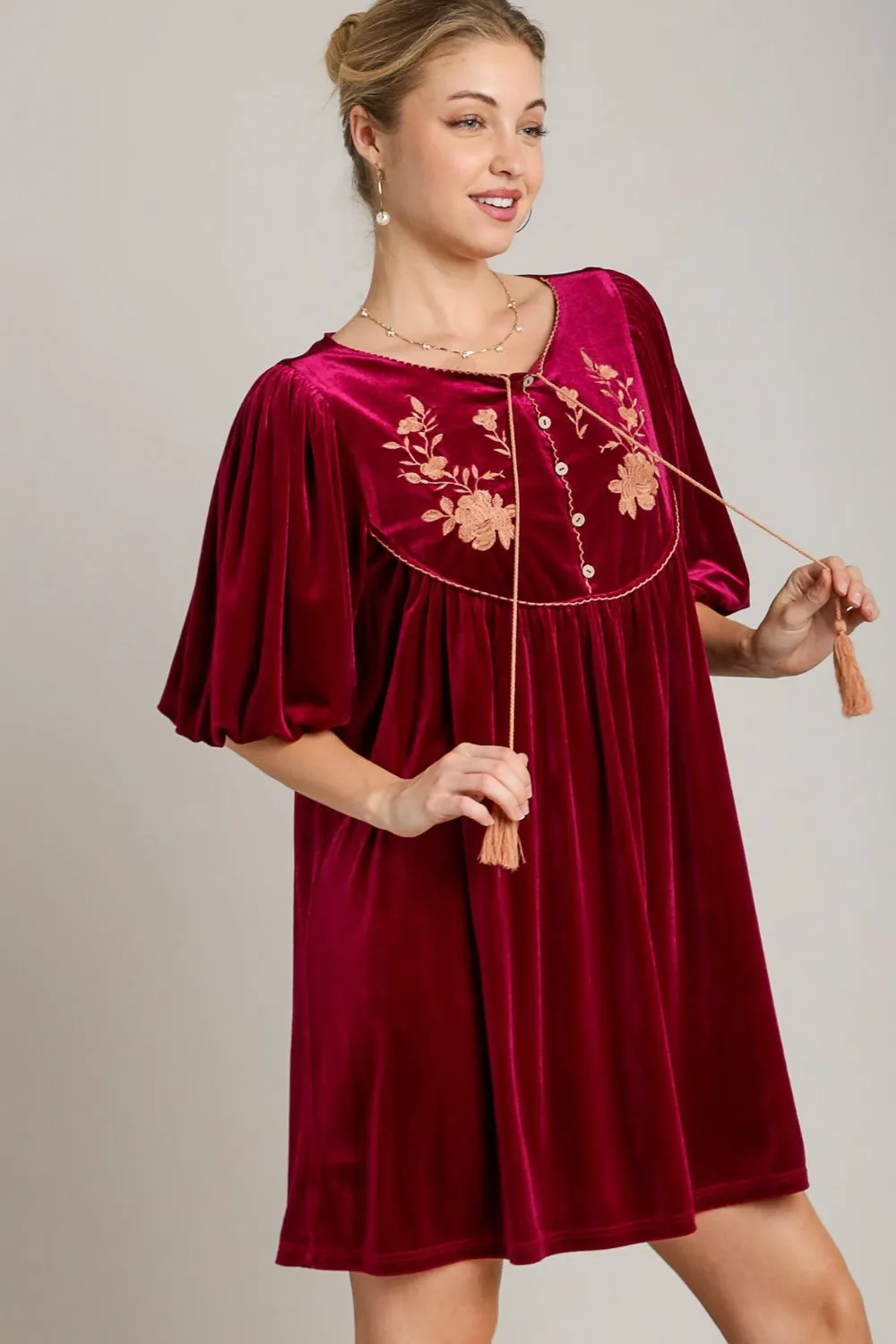 Embroidered Half Sleeve Velvet Mini Dress with Tassel, image 3