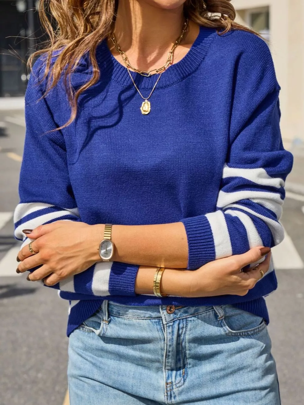 Striped Trim Crew Neck Sweater, image 15