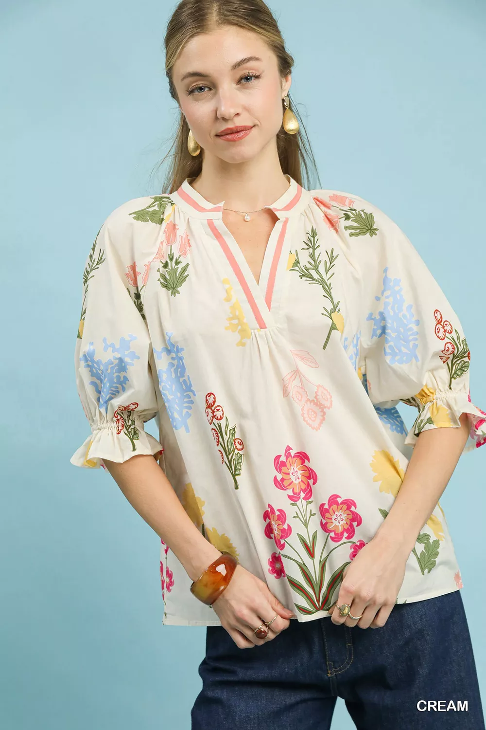 Floral Split Neck Puff Sleeve Top