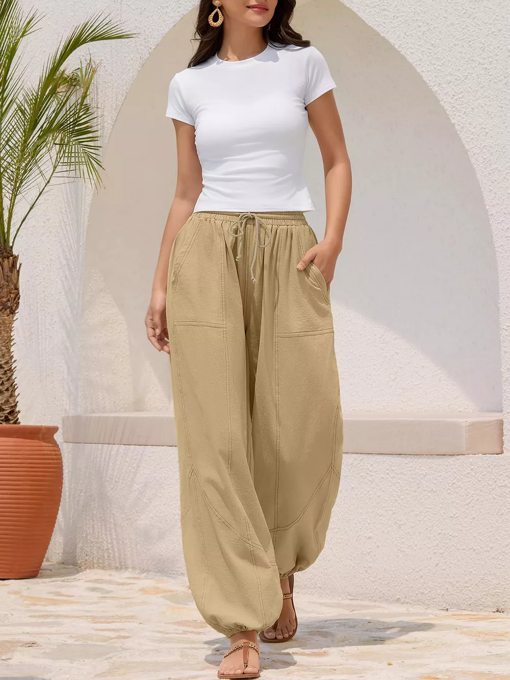 Casual Loose Fit Drawstring Waist Harem Joggers, image 14