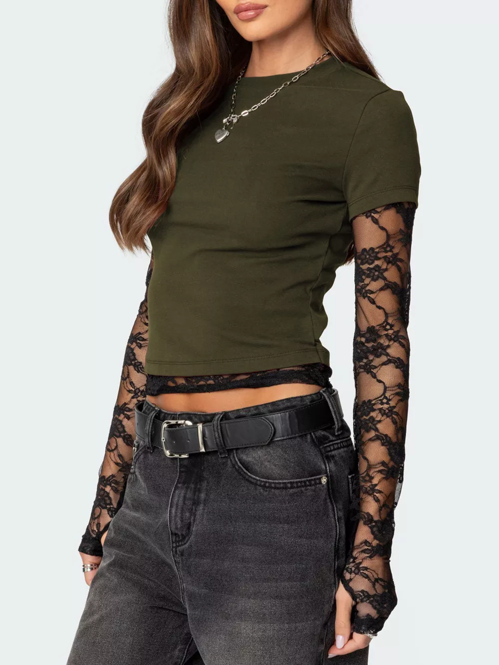 Cropped T-Shirt with Sheer Lace Sleeves, image 3