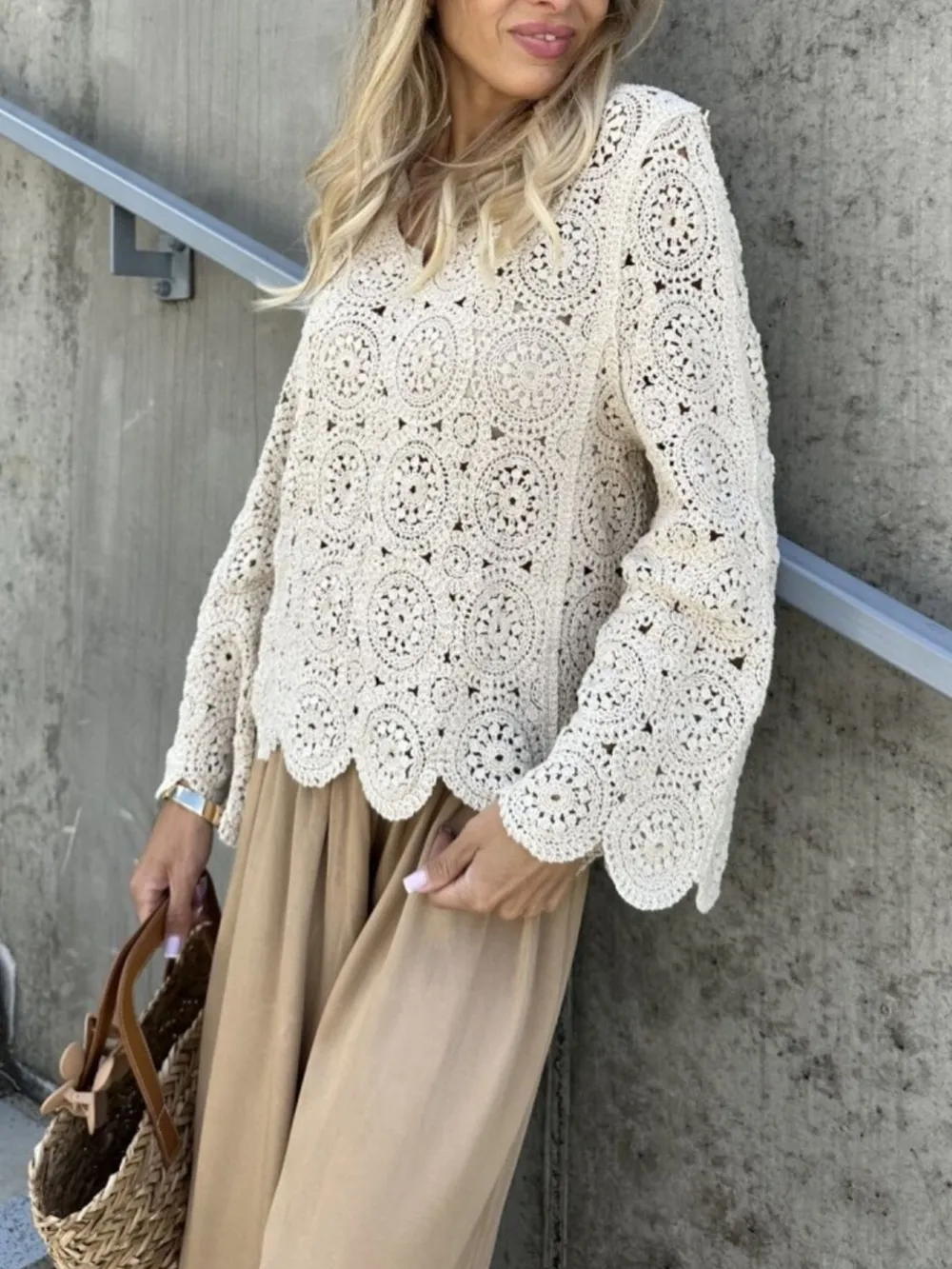 Crochet Lace V-Neck Bell Sleeve Knit Top, image 7
