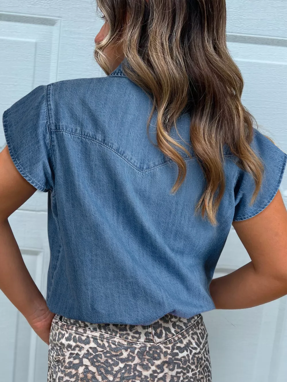 Ruffled Short Sleeve Denim Shirt, image 2