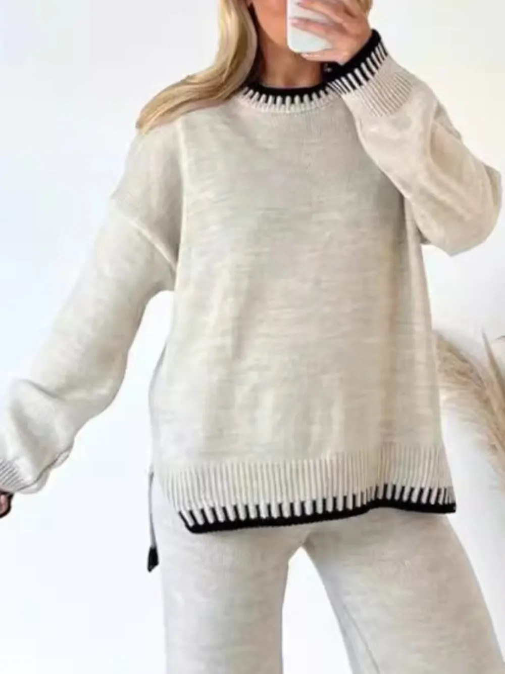 Contrast Trim Round Neck Top and Pants Sweater Set, image 5