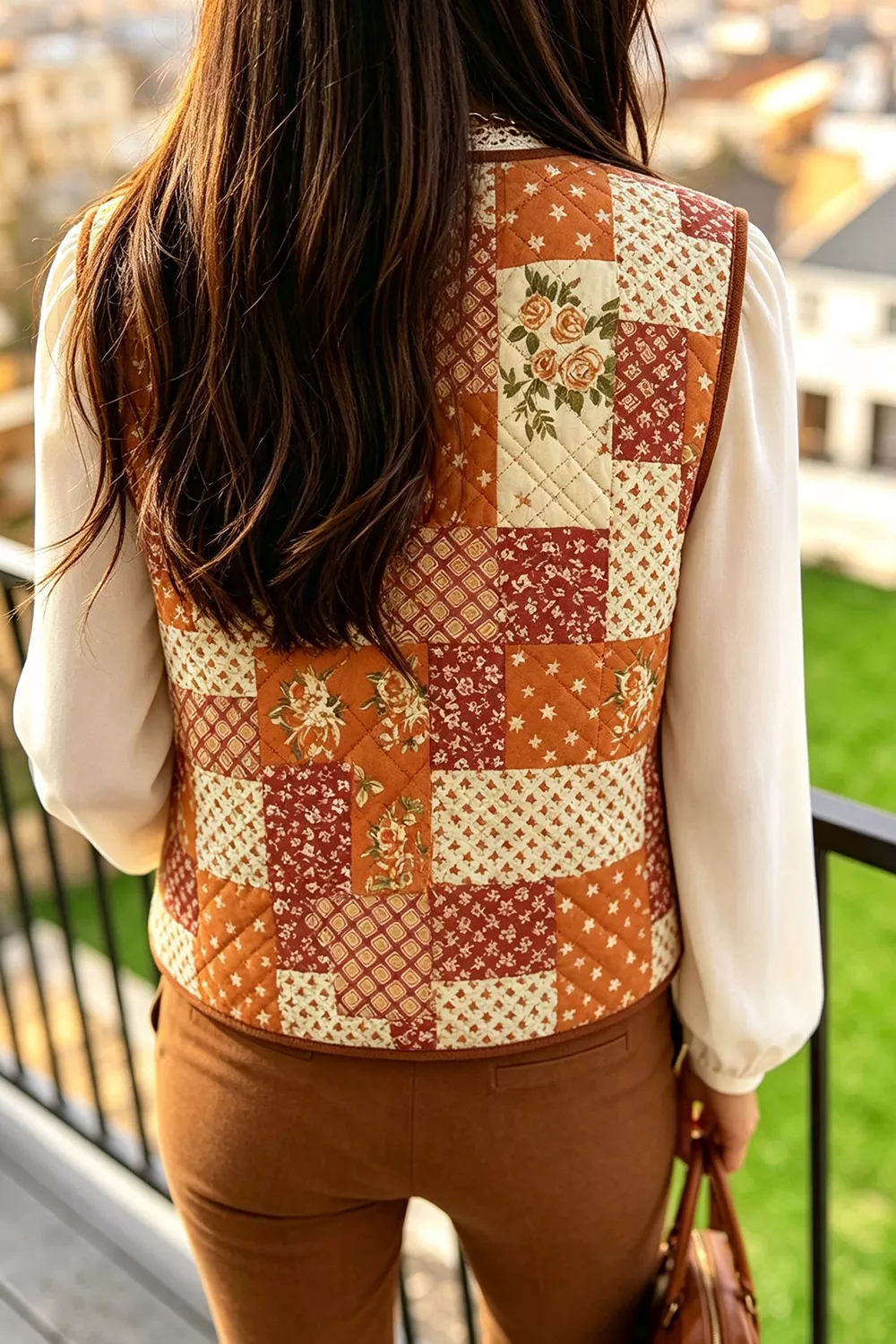 Fleece Quilted Floral Patchwork Contrast Trim V Neck Button Vest, image 3