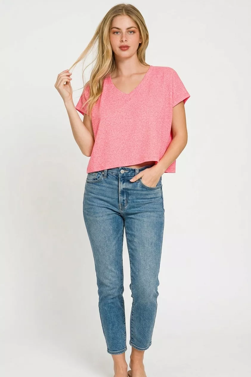 Soft Melange V-neck Drop Shoulder Cropped Top, image 3