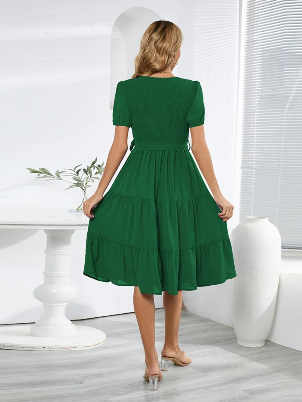 Smocked Tie Front Short Sleeve Tiered Dress, image 25