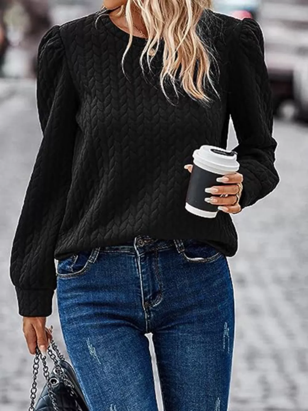 Textured Round Neck Long Sleeve Blouse, image 12