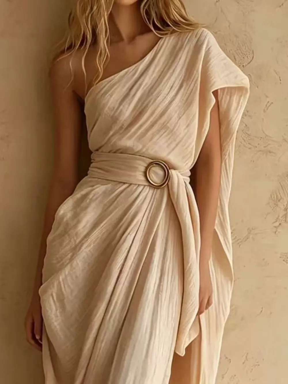 One-Shoulder Draped Maxi Dress with Waist Buckle, image 3