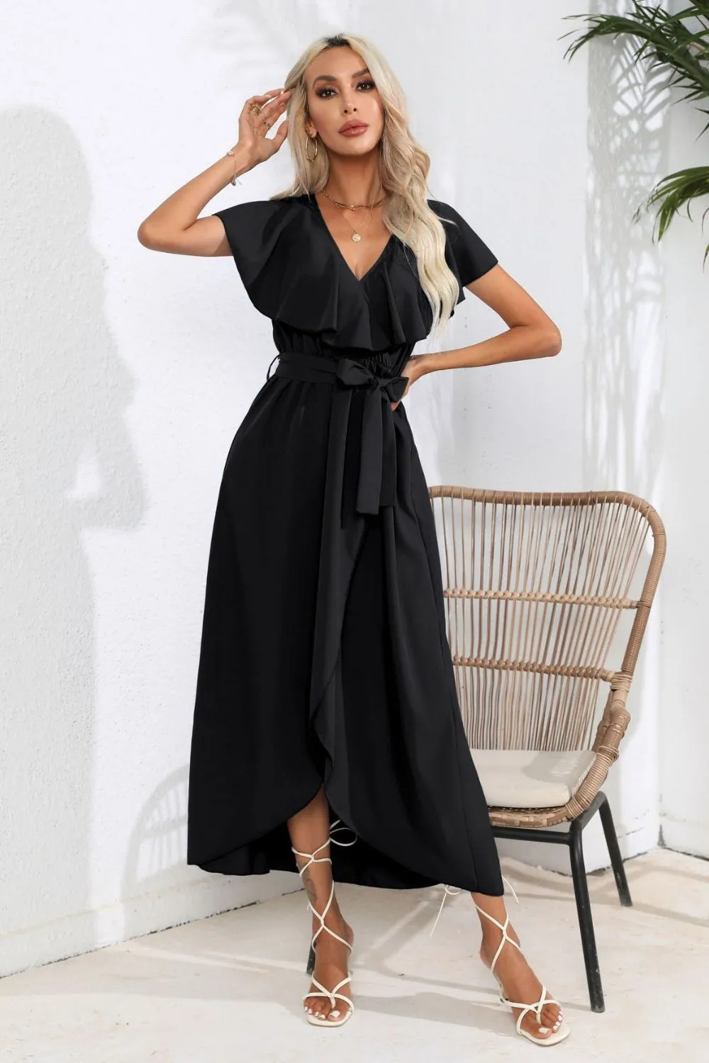 Tied Front Ruffled Short Sleeve Midi Dress, image 11
