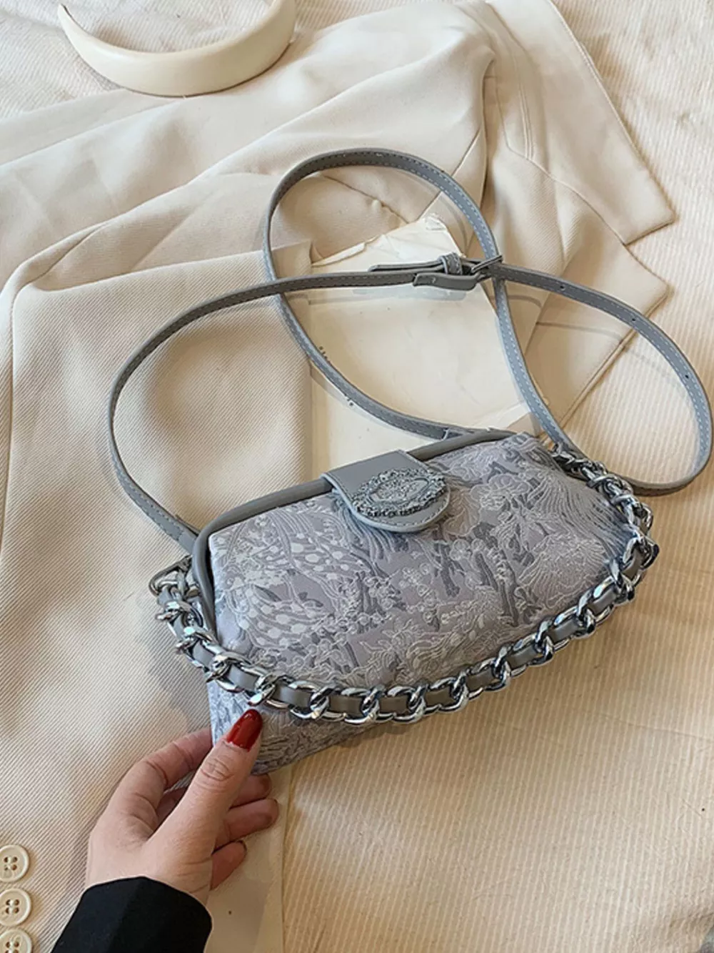 Embroidered Chain Crossbody Bag, image 5