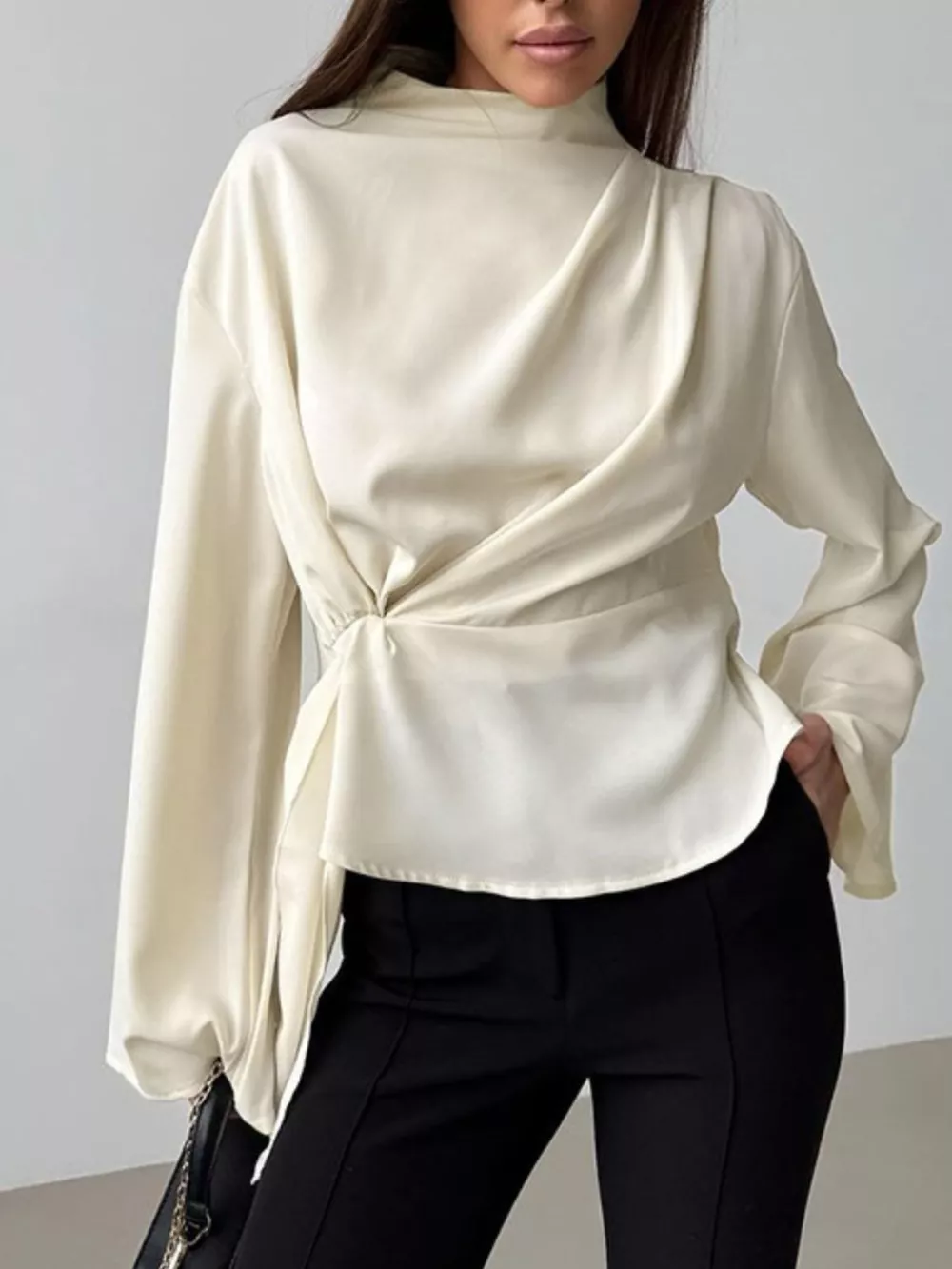 Ruched Mock Neck Long Sleeve Blosue, image 2