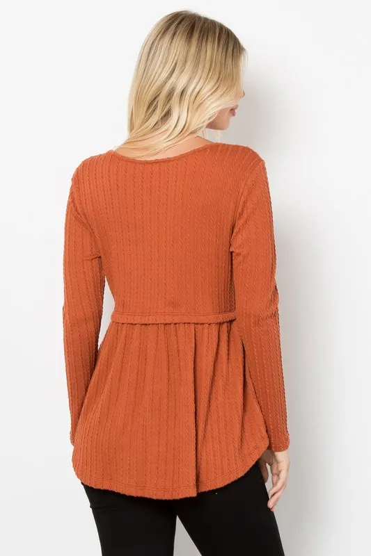 Full Size Texture Babydoll Round Neck Long Sleeve Knit Top, image 2