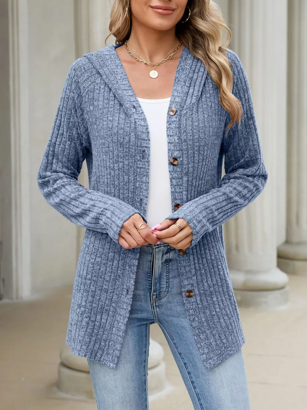 Ribbed Knit Hooded Button-Down Cardigan, image 24