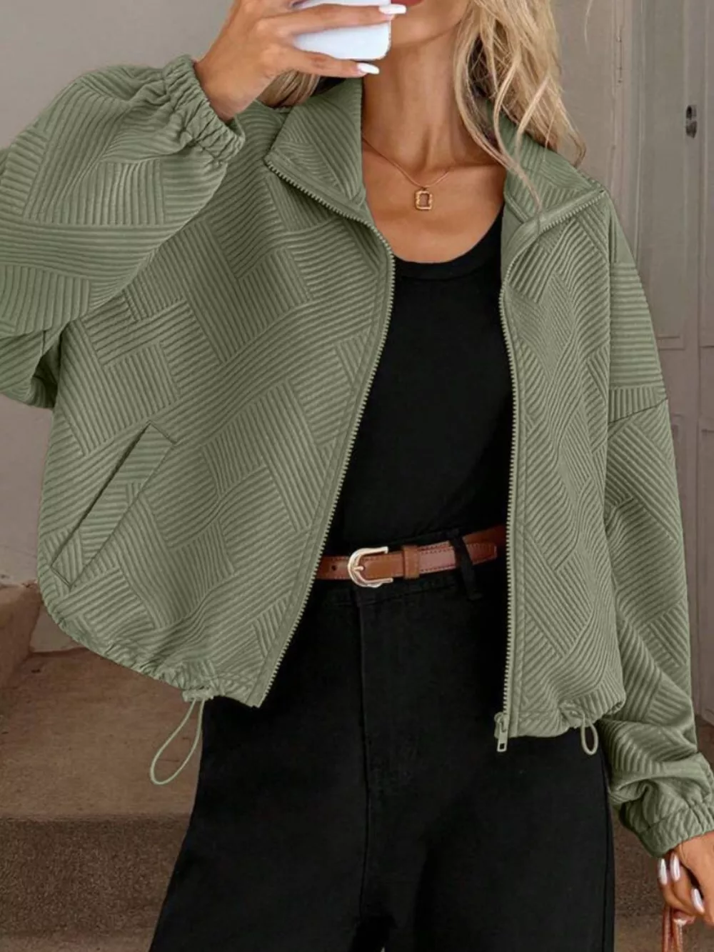 Textured Zip-Up Drawstring Hem Jacket, image 19