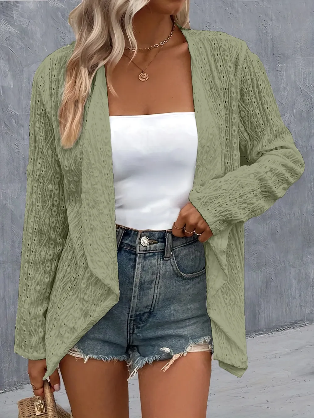 Eyelet Roll-Tab Sleeve Cardigan, image 4