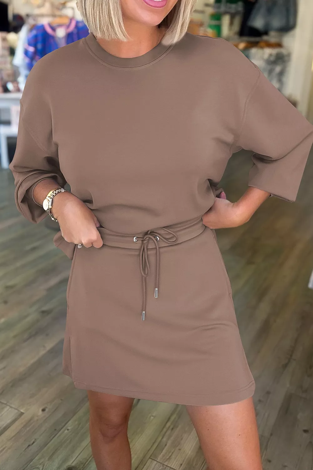 Solid Color Drop Shoulder Pullover Drawstring Mini Skirt 2pcs Outfit