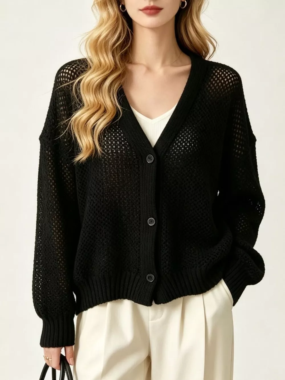 V-Neck Open-Knit Button-Down Cardigan, image 13