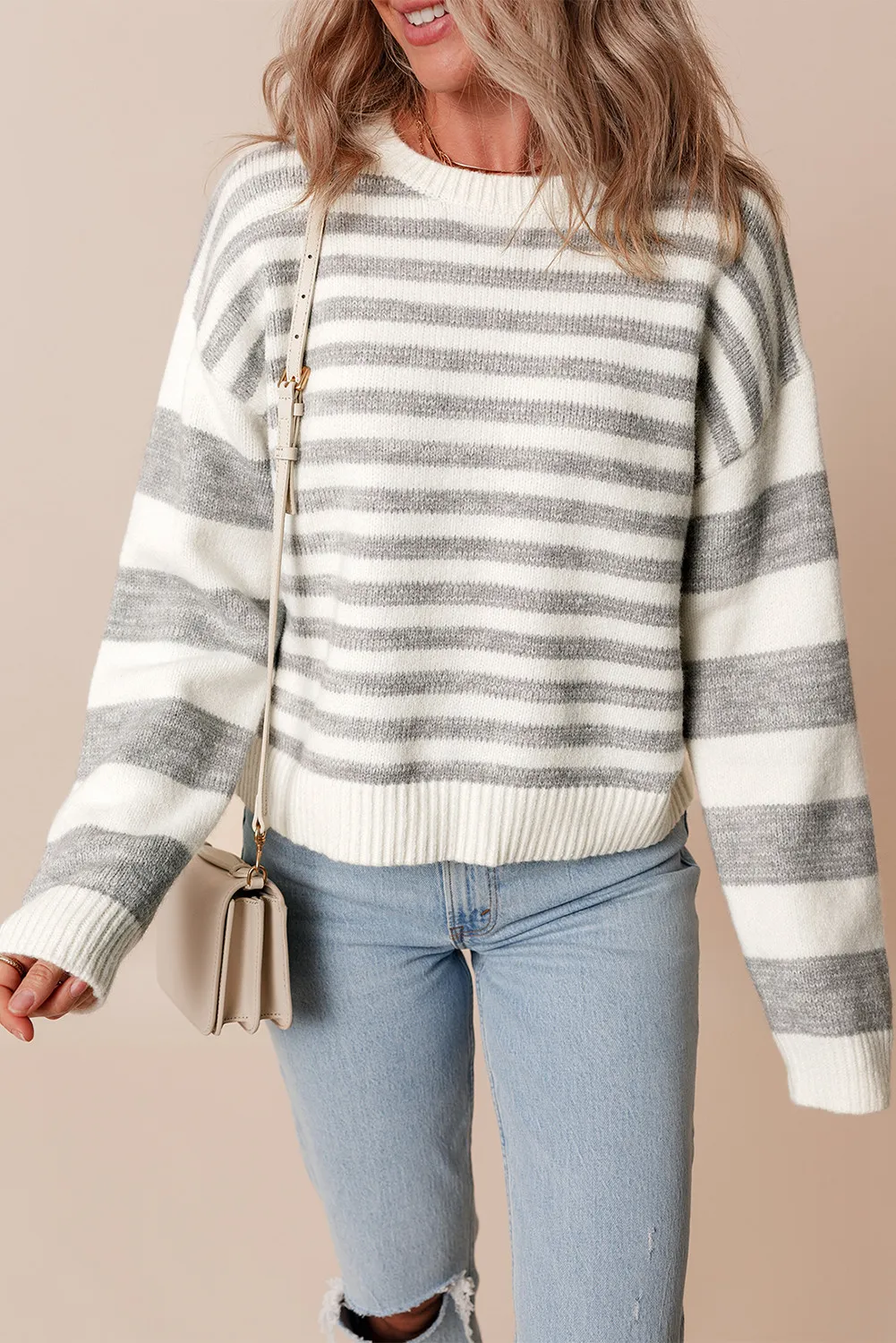 Striped Round Neck Dropped Shoulder Sweater, image 2