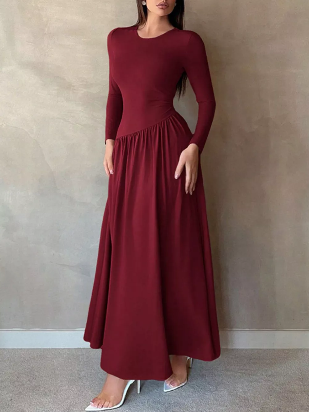 Long Sleeve Ruched A-Line Maxi Dress, image 8