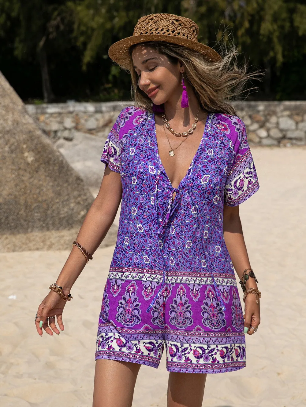 Tied Printed Short Sleeve Romper, image 3