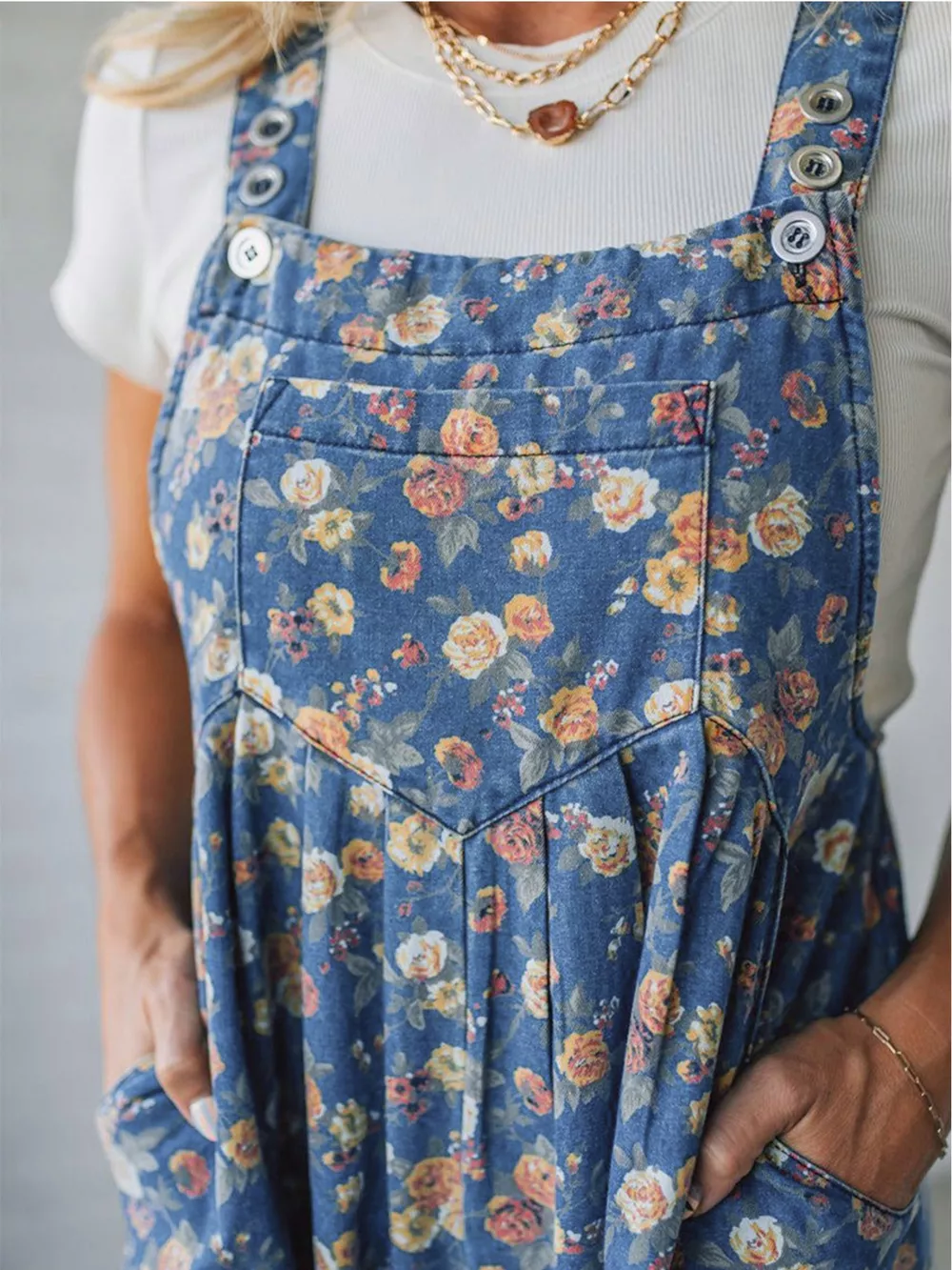 Floral Print Wide Leg Denim Overalls, image 5