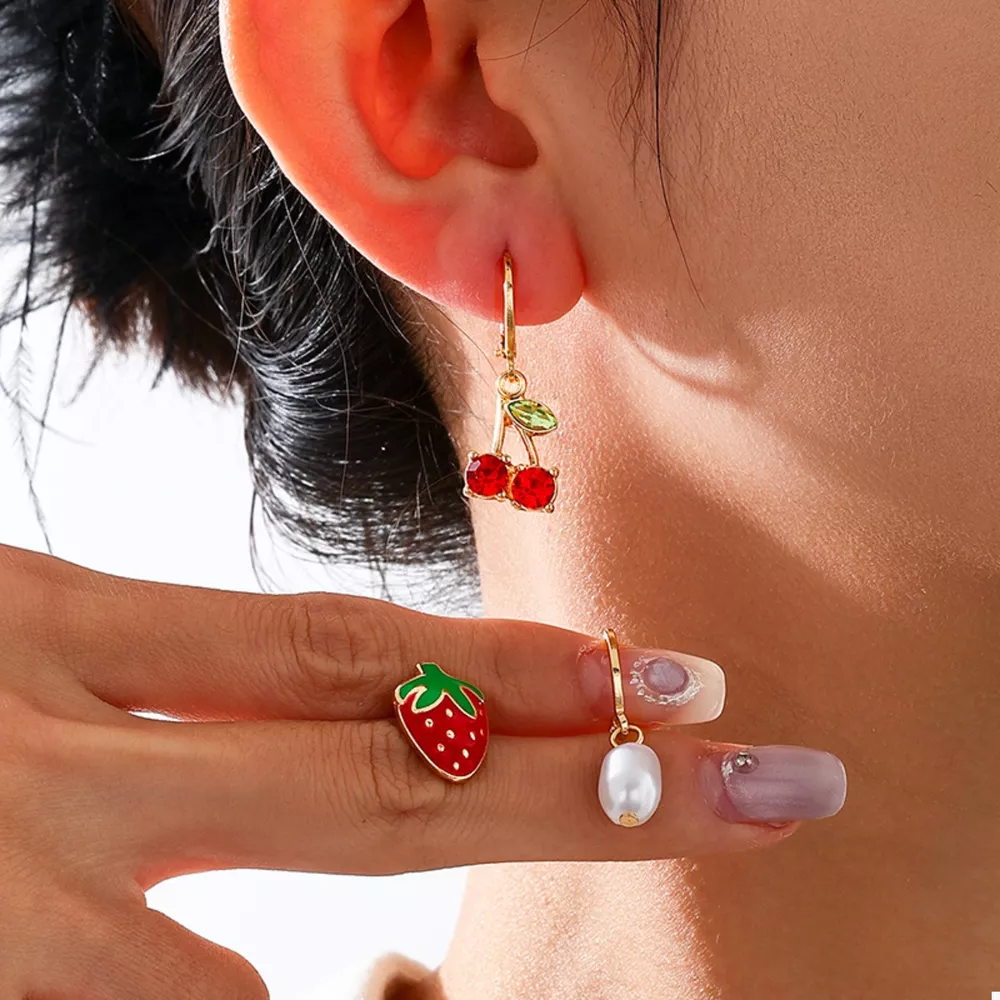 3 Piece 18K Gold-Plated Strawberry Cherry and Pearl Earrings, image 5