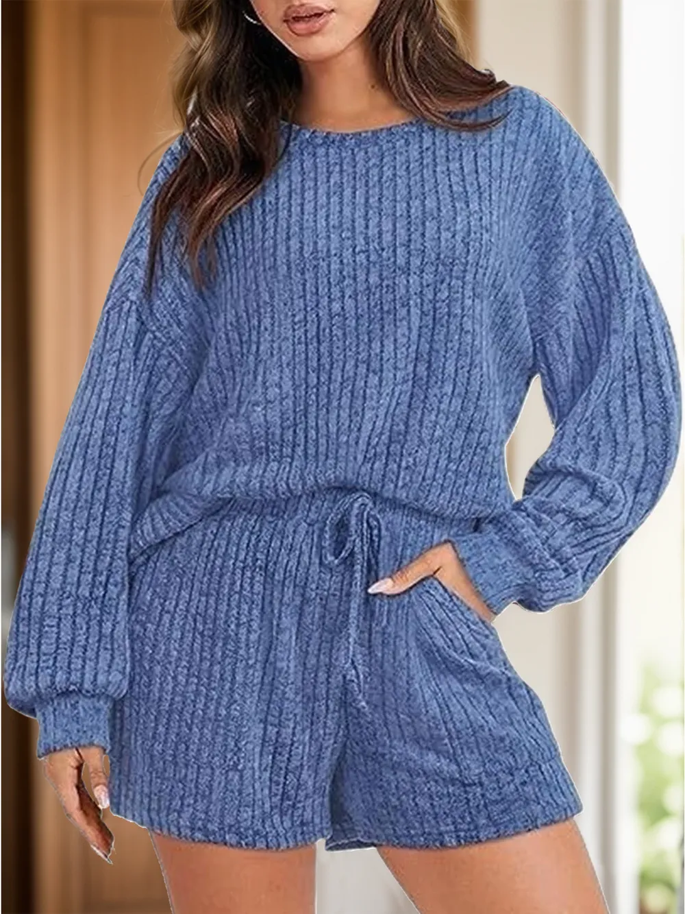Round Neck Dropped Shoulder Top and Shorts Set, image 3
