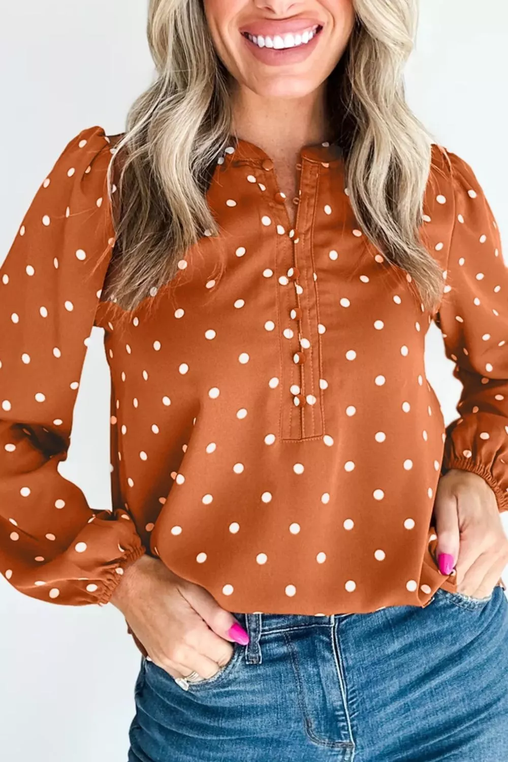 Polka Dot Half Button V Neck Long Sleeve Blouse, image 3