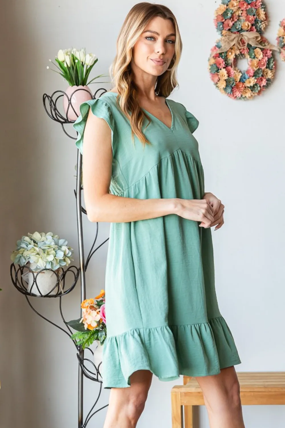 Full Size Short Sleeve V Neck Ruffled Hem Dress, image 4