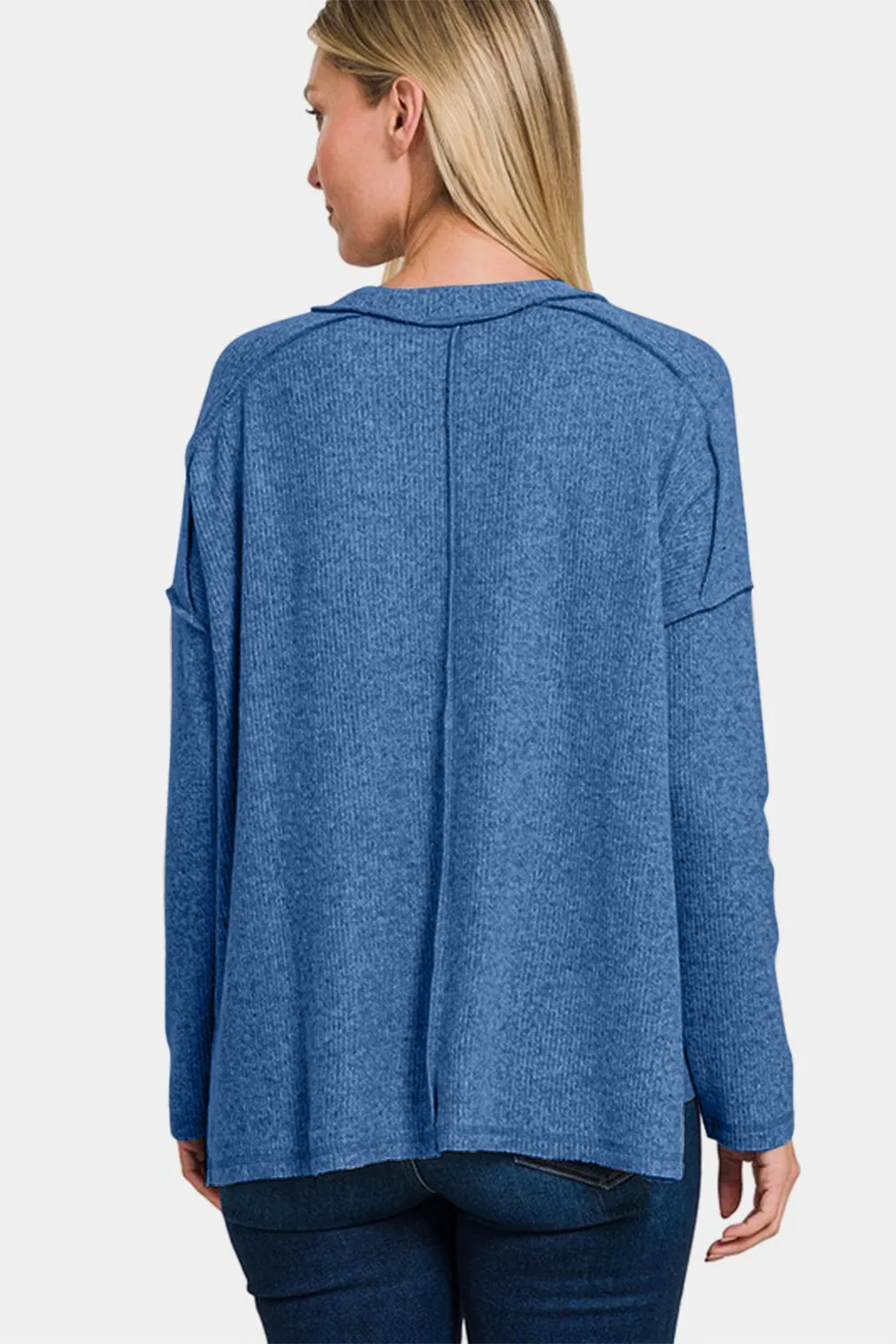 Full Size Exposed Seam Brushed Round Neck Sweater, image 2