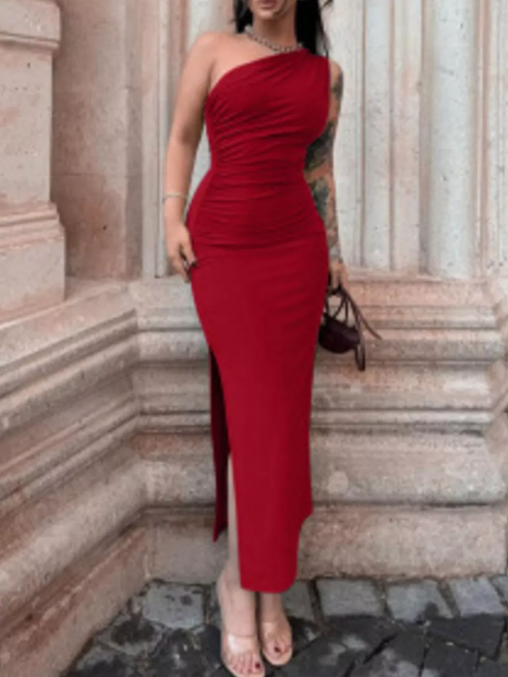 One-Shoulder Ruched Bodycon Slit Dress, image 3