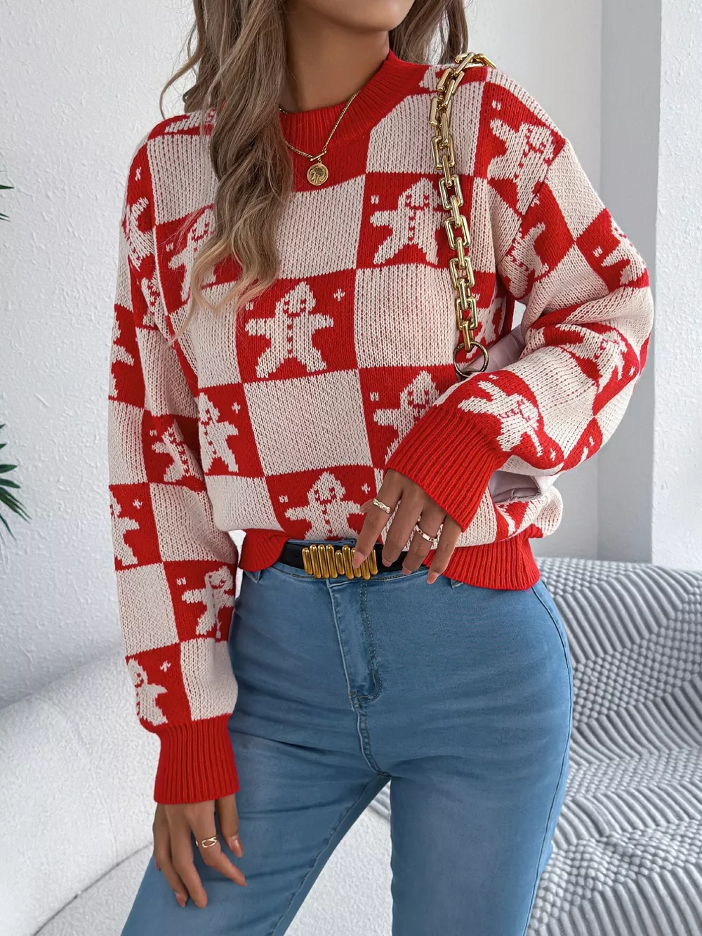 Christmas Checkerboard Gingerbread Round Neck Sweater, image 11