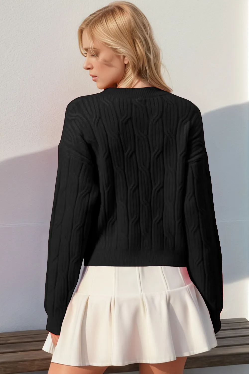 Full Size Bow Cable-Knit Round Neck Sweater, image 3