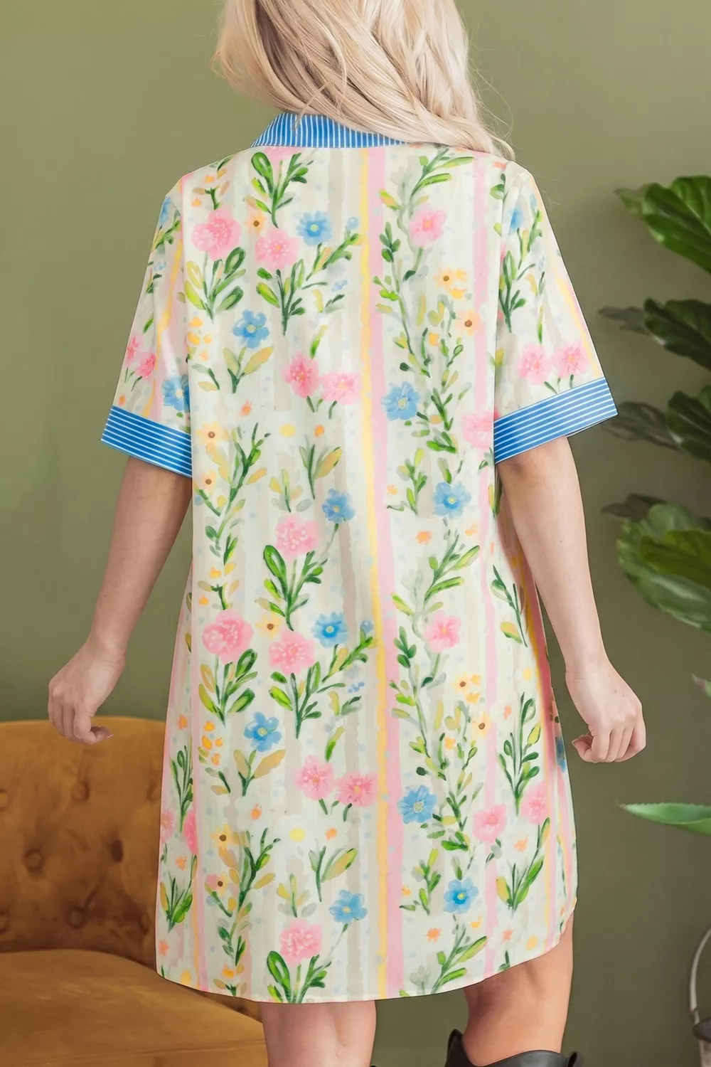 Multicolour Floral Print Striped Trim Button Down Shift Dress, image 2