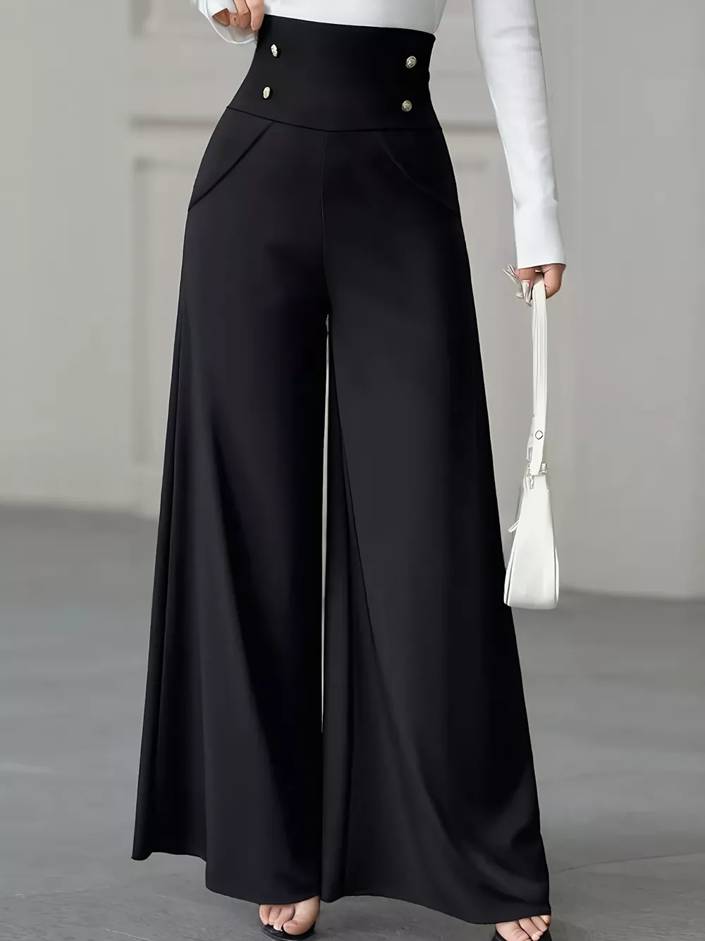 High Waist Wide Leg Button Decor Pants, image 3