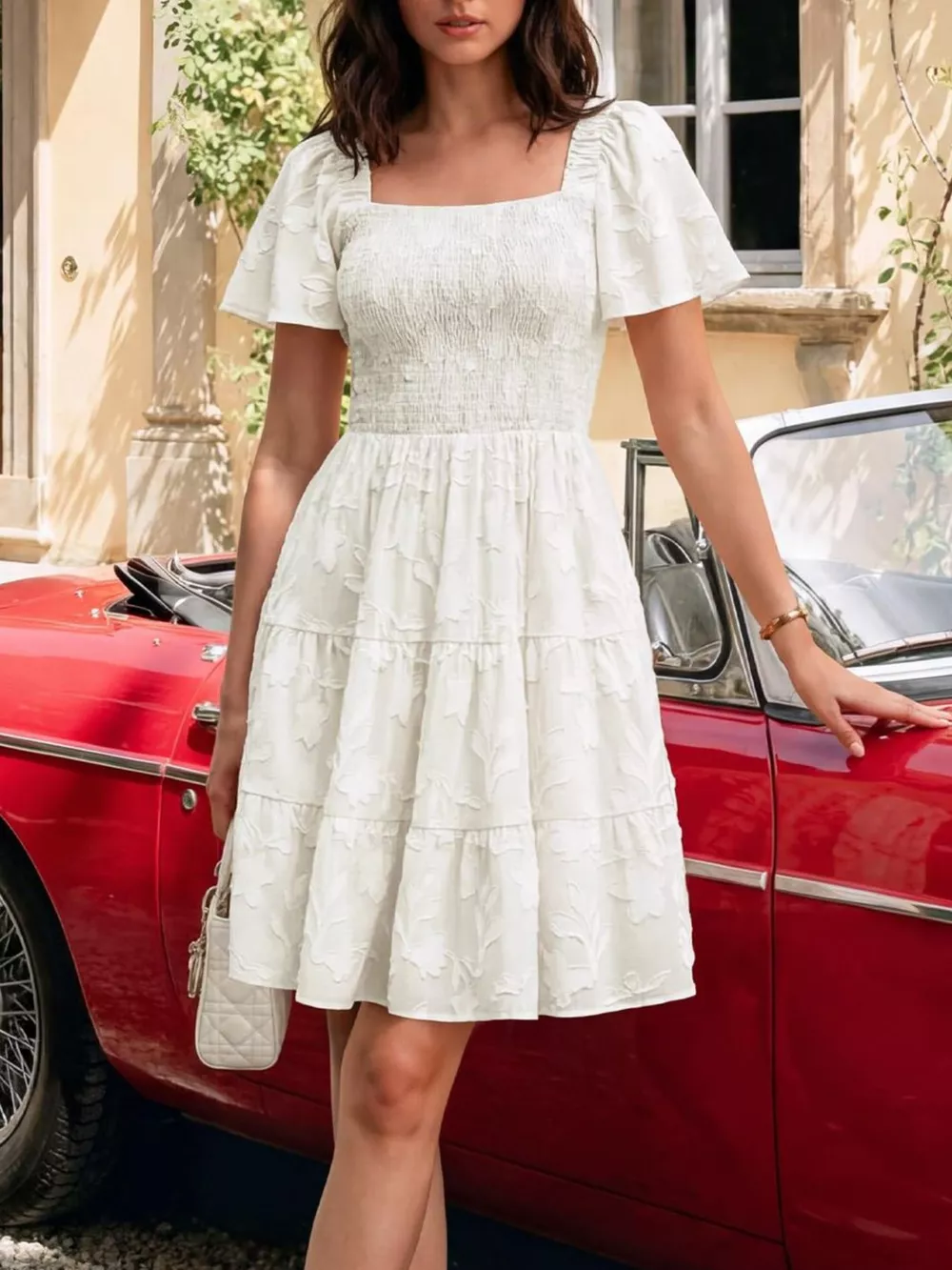 Smocked Square Neck Tiered Mini Dress, image 11