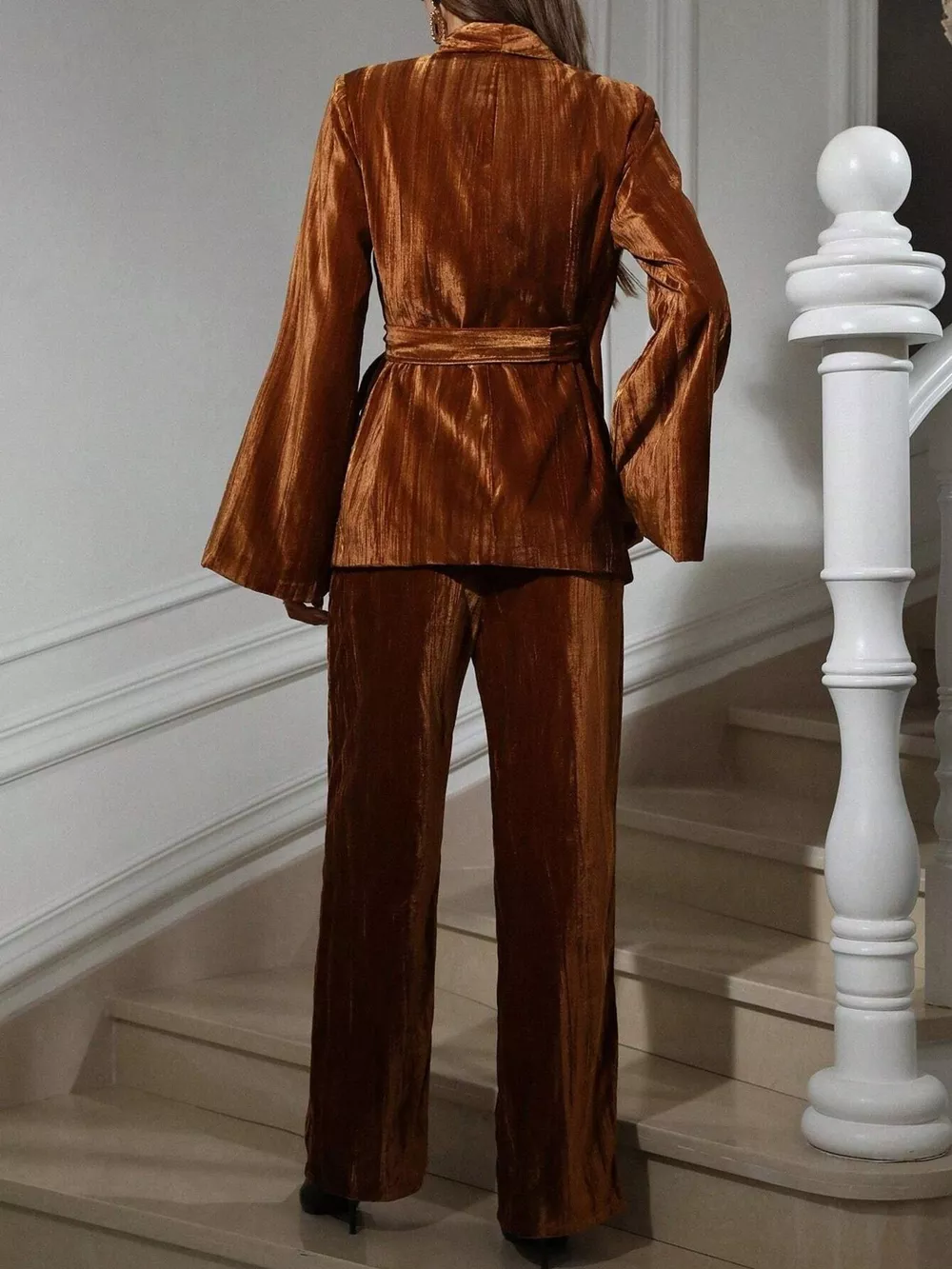 Velvet Tie Waist Blazer and Pants Set, image 7